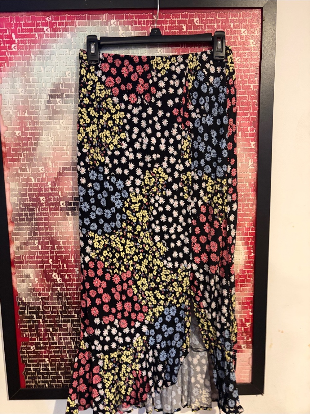 Floral Patchwork Maxi Skirt in Black with Multicolor Daisies